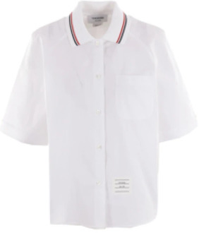 Witte Katoenen Poplin Overhemd met Polokraag en Gestreept Detail Thom Browne , White , Dames - S,Xs