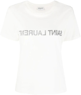 Witte Logo Print T-shirts en Polos Saint Laurent , White , Dames - L,M,S,Xs