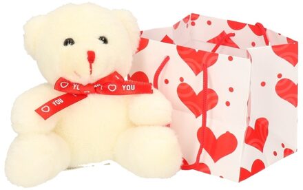 Witte pluche knuffelbeertje in tasje met sjaal 10 cm