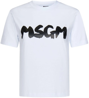 Witte Ribgebreide Crewneck T-shirts en Polos Msgm , White , Dames - L,M,Xs