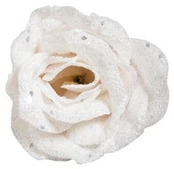 Witte rozen met glitters op clip 7 cm - kerstversiering