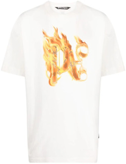 Witte T-shirt met Burning PA Monogram Palm Angels , White , Heren - 2Xl,Xl,L,M,S,Xs,2Xs