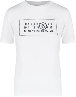 Witte T-shirt met Logo Print MM6 Maison Margiela , White , Dames - L,M,S,Xs