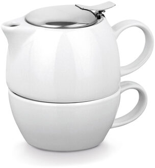 Witte theepot met zeef en kopje - keramiek - 430 ml - 13 x 13 cm - Theeset - Theepotje met infuser