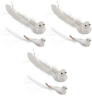 Witte vogeltjes op clip decoratie 6 stuks - Kersthangers