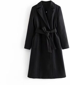 Wixra Vrouwen Mode Zwarte Rechte Overjas Met Riem Klassieke Turn Down Kraag Vrouwelijke Lange Bovenkleding Herfst Winter