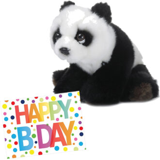 WNF Pluche knuffel panda beer 15 cm met A5-size Happy Birthday wenskaart - Knuffelberen Multikleur