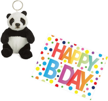 WNF Pluche knuffel panda beer sleutelhanger 10 cm met A5-size Happy Birthday wenskaart - Knuffel sleutelhangers