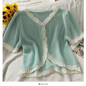 Woherb Zomer Elegante Gebreide Vest Korte Mouw Single-Breasted Vintage Tops Koreaanse Uitloper Kleding Vesten T-shirt Blauw