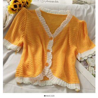 Woherb Zomer Elegante Gebreide Vest Korte Mouw Single-Breasted Vintage Tops Koreaanse Uitloper Kleding Vesten T-shirt geel