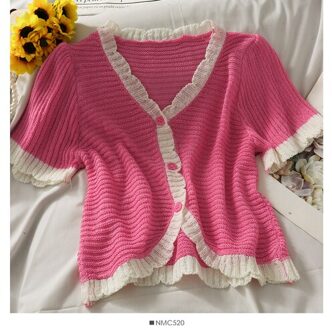 Woherb Zomer Elegante Gebreide Vest Korte Mouw Single-Breasted Vintage Tops Koreaanse Uitloper Kleding Vesten T-shirt Roze