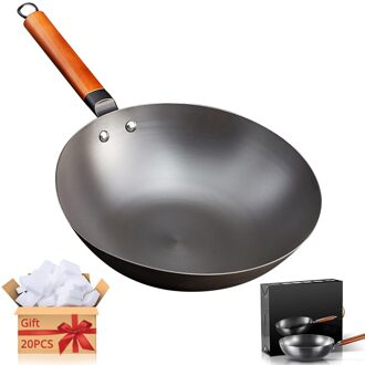 Wok Pan,Non-stick Handgemaakte Gietijzeren Wok Koekenpan Houten Handvat Kookpotten, Keuken Kookgerei