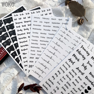 WOKO 8pcs Creative Black Basic Calendar Week Plan Date Number Retro Simple Monthly Deco Stickers DIY Scrapbooking Planner Photo