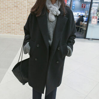 Wol Blend Coat Vrouwen Lange Mouw Kraag Uitloper Lange Jas Koreaanse Casual Herfst Winter Elegante Overjas Wollen Jas zwart / XL