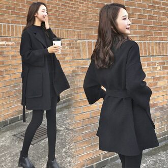 Wol Blends Vrouwen Notched Zwart Herfst Winter Losse Mode Riem Wollen Jassen Chic Koreaanse Stijl Trendy Femme Stijlvolle Casual XS