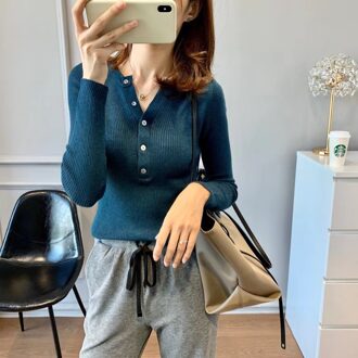 Wol Henley Trui Rib Gebreide Truien Vrouwen Basic Trui Tops Blauw