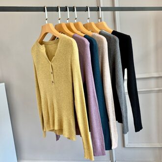 Wol Henley Trui Rib Gebreide Truien Vrouwen Basic Trui Tops geel