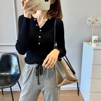 Wol Henley Trui Rib Gebreide Truien Vrouwen Basic Trui Tops zwart