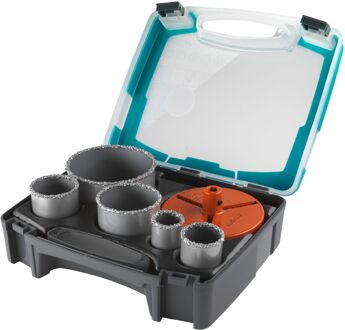 Wolfcraft Boorkop-set compleet in kunststof-koffer, HM-bestrooid, snijdiepte 55 mm, best. uit: 5 boorkop-inzetstukken met opnameschijf en centerboor artikel nr.  5424000