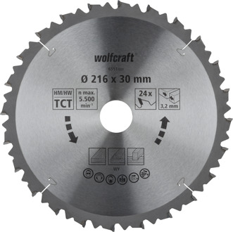 Wolfcraft Kap- en verstekzaagblad | HM | 24 Zähne | Ø216mm | 1 stuk - 6551000