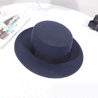 Wollen Vrouwen Hoed Klassieke Effen Kleur Vilt Fedora Hoeden Vrouwelijke Lady Brede Rand Platte Top Jazz Cap Emmer Hoed Winter lente Zomer stijl 1 blauw