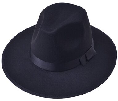 Wollen Vrouwen Hoed Klassieke Effen Kleur Vilt Fedora Hoeden Vrouwelijke Lady Brede Rand Platte Top Jazz Cap Emmer Hoed Winter lente Zomer stijl 2 zwart