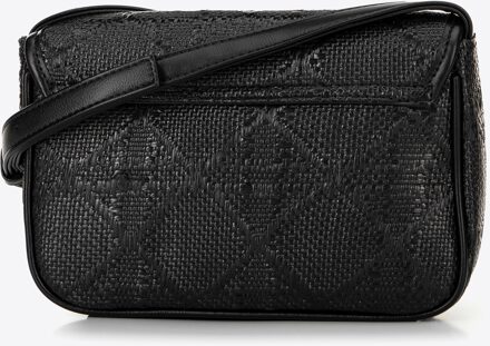 Woman gevlochten crossbody tas met klep, zwart polypropyleen