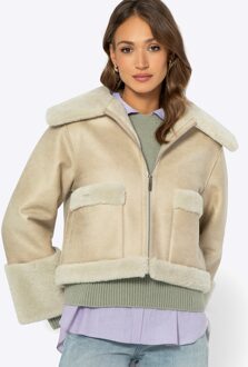 Woman Kort Damesjack met Imitatiebont, Lichtbeige, Eco-leer - S