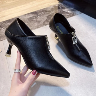 Woman Shoes 2021 Autumn New Fashion Pointed Stiletto Heels Elegant Female Front Zipper Office Dress Shoes Black Beige Pump