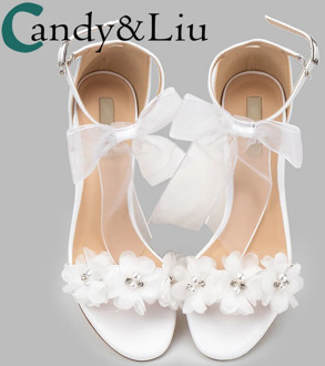 womem sandals white wedding shoes summer elegant Lace Bowknot one word wristband white flower cross with bare toe thick heel new