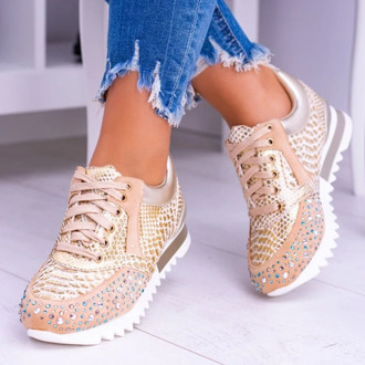 Women Autumn Chunky Vulcanized Shoes Fashion Casual Shoes Snakeskin Print Crystal Lace-Up Sneakers Non-slip Low Women's Heels