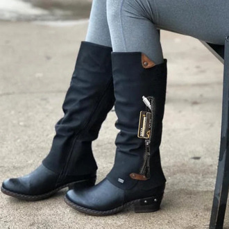 Women Boots Western Cowboy Knee-high Punk Low Thick Heel Side Zipper Female Ladies Shoes Winter Shoes Winter Boots Women