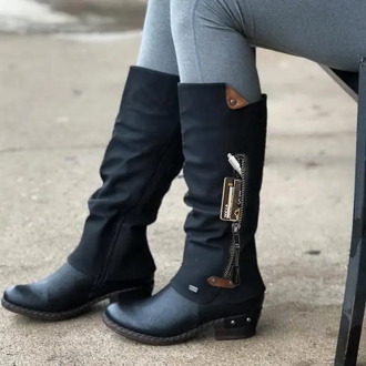 Women Boots Western Cowboy Punk Boots Knee High Winter Autumn Shoes Side Zipper Low Thick Heel Ladies Booties Female Shoes 2020