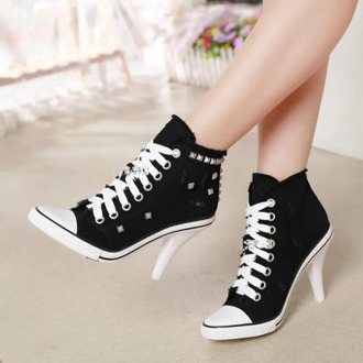Women Canvas Shoes Denim High Heels Rivets Shoes Fashion Shoe Laces Sneakers Women Short Women's Pumps black blue