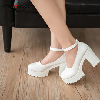 Women Casual Classics High Heel Thick Heels Platform Pumps Ankle Work Buckle Strap Shoes Office Lady Sandalias Mujer 2020