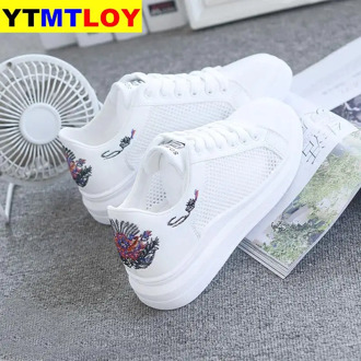 Women Casual Shoes Summer Spring Flats Fashion Breathable Vulcanization Lace-Up Sneakers Mesh (air Mesh) Zapato Mujer Platafo