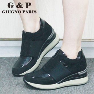Women casual sneakers slip on new autumn winter elastic shoes laces diamond female designer shoe brand wedge leather insole