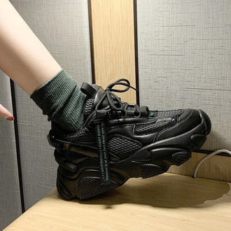 Women Chunky Platform Sneakers Fashion Designers Lace Up Mesh Breathable Old Dad Shoes Woman Tennis Female Casual Trainers Black