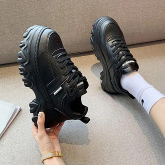 Women Chunky Sneakers 2020 Autumn Fashion Sports Casual Shoes Platform Thick Sole Woman Leather Wedge Shoes Tenis Female Black