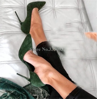 Women Classical Style Pointed Toe Dark Green Suede Leather Stiletto Heel Pumps Slip-on High Heels Formal Dress Shoes Wedding