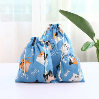 Women Cloth Bag Pouch Cartoon Animal Handmade Cotton Linen Travel Shoes Storage Package Drawstring Bags Small Coin Purse