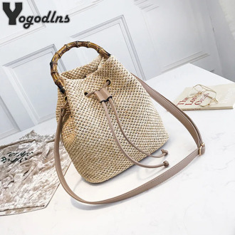 Women Drawstring Straw Bucket Bag Female Summer Handmade Woven Shoulder Messenger Bags Ladies Shopping Purse Beach Bags Handbags