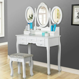 Women Elegant Dresser White Household Bedroom Dressing Makeup Table 3 Oval Mirror 7 Drawers Stool