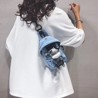 Women Fanny Pack Denim Chest Purse Cute Cartoon Bear Zipper Waist Belt Purse Outdoor Camping Hiking Travel Accessaries