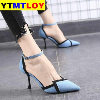 Women Fashion Comfortable Sweet Black High Heel Shoes Lady Cute Pointed Toe Buckle Clip Pumps Ankle Strap Wedding Color matching