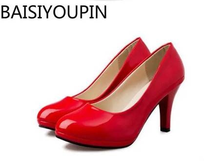 Women Fashion Shoes Patent Leather Platform High Heels Shoes Black Work Shoes Red Bottom Bride Dress Wedding Shoes Big Size 42