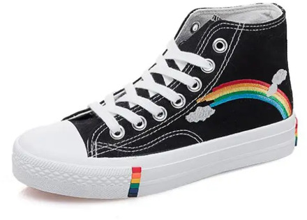 Women Fashion Vulcanized Shoes 2020 Women Sneakers New Retro Rainbow Canvas Shoes Ladies Flat Fashion Comfort High Top Shoes 1#