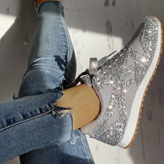 Women Flat Glitter Sneakers Casual Bling Vulcanized Shoes Female Mesh Lace Up Platform Comfort Plus Size Fashion Ladies Autumn