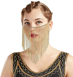 Women Gold Aluminum Chain Multi-Layers Tassel Head Chains Face Jewelry Head Jewelry Halloween Party Mask Fringe Rhinestone Mask