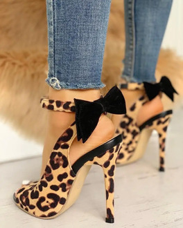 Women High Heel Leopard Bow Detail Thin Heele Women Shoes Peep Toe Ankle Strap Bow Design Cut Out Sexy Ladies Plus Size Pumps